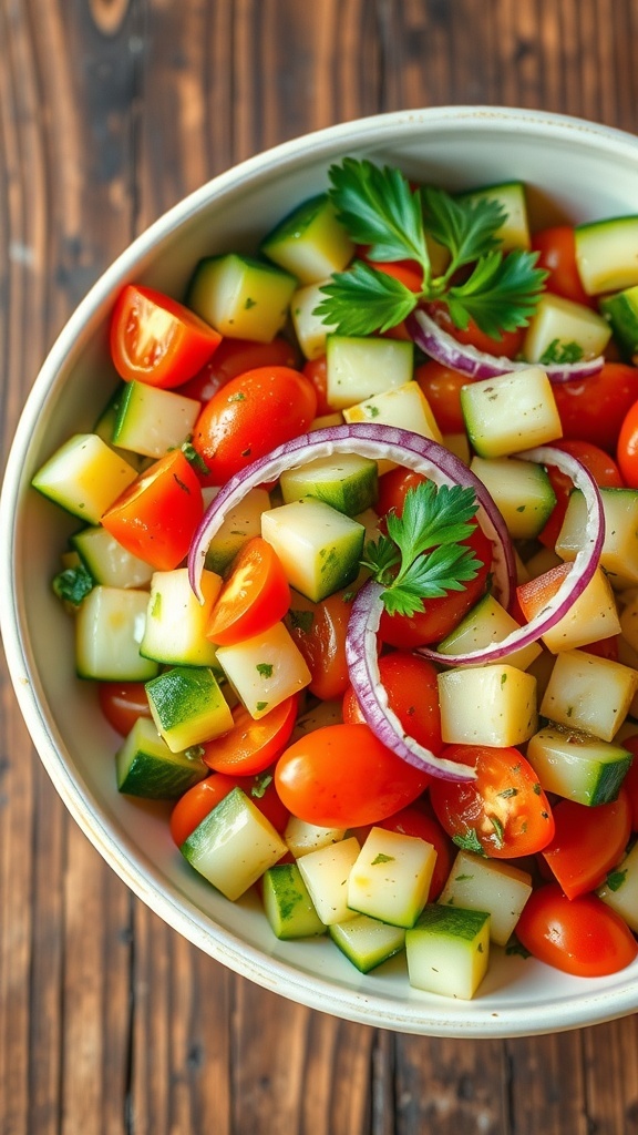 Refreshing Cucumber Tomato Onion Salad Recipe A colorful cucumber tomato onion salad with diced cucumbers, tomatoes, and red onions in a bowl, garnished with parsley.
